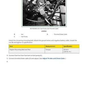 May include: Diagram of an engine component with labels for a nut, fuel pump, and throttle/choke cable. The image includes a table with torque specifications of 25 N-m (220 lb.-in.) for the engine mounting bolt and nut.