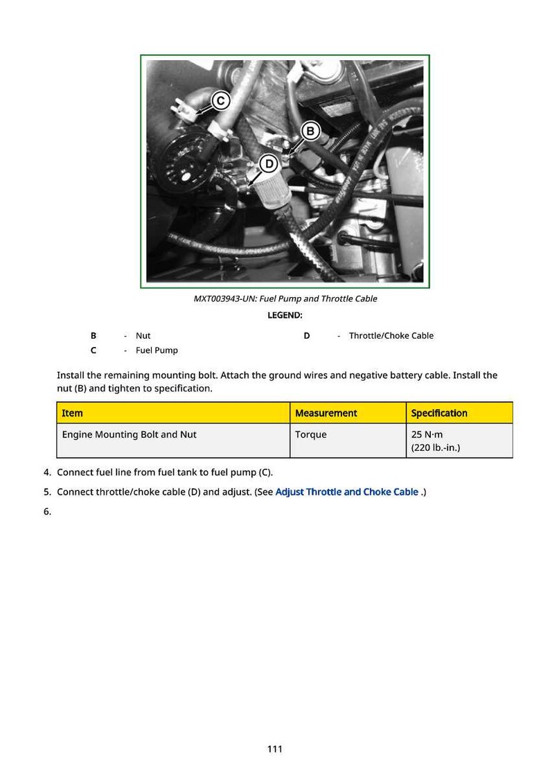 May include: Diagram of an engine component with labels for a nut, fuel pump, and throttle/choke cable. The image includes a table with torque specifications of 25 N-m (220 lb.-in.) for the engine mounting bolt and nut.