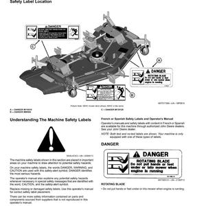 Peut inclure: Une page de manuel avec des &eacute;tiquettes de s&eacute;curit&eacute; et des instructions. Les &eacute;tiquettes incluent le mot "DANGER" et des avertissements concernant les lames rotatives. Le texte explique la signification des &eacute;tiquettes de s&eacute;curit&eacute;.