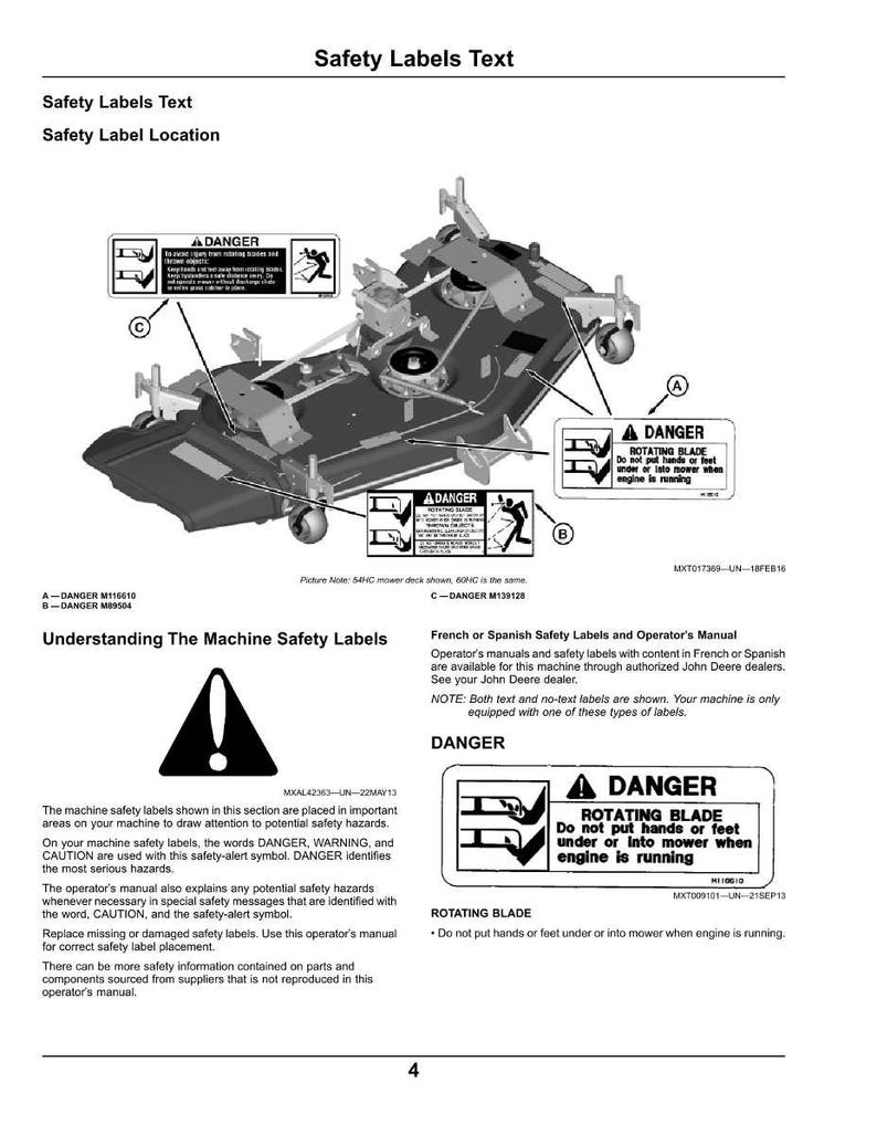 Peut inclure: Une page de manuel avec des &eacute;tiquettes de s&eacute;curit&eacute; et des instructions. Les &eacute;tiquettes incluent le mot "DANGER" et des avertissements concernant les lames rotatives. Le texte explique la signification des &eacute;tiquettes de s&eacute;curit&eacute;.