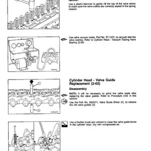 Może przedstawiać: Czarno-biały diagram z instrukcji szczeg&oacute;łowo opisujący wymianę prowadnicy zaworu głowicy cylindr&oacute;w. Obrazy pokazują narzędzia i kroki demontażu i czyszczenia, w tym tester pr&oacute;żniowy i elastyczną szczotkę. Tekst zawiera ostrzeżenia i numery części.