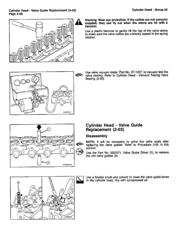 Może przedstawiać: Czarno-biały diagram z instrukcji szczeg&oacute;łowo opisujący wymianę prowadnicy zaworu głowicy cylindr&oacute;w. Obrazy pokazują narzędzia i kroki demontażu i czyszczenia, w tym tester pr&oacute;żniowy i elastyczną szczotkę. Tekst zawiera ostrzeżenia i numery części.