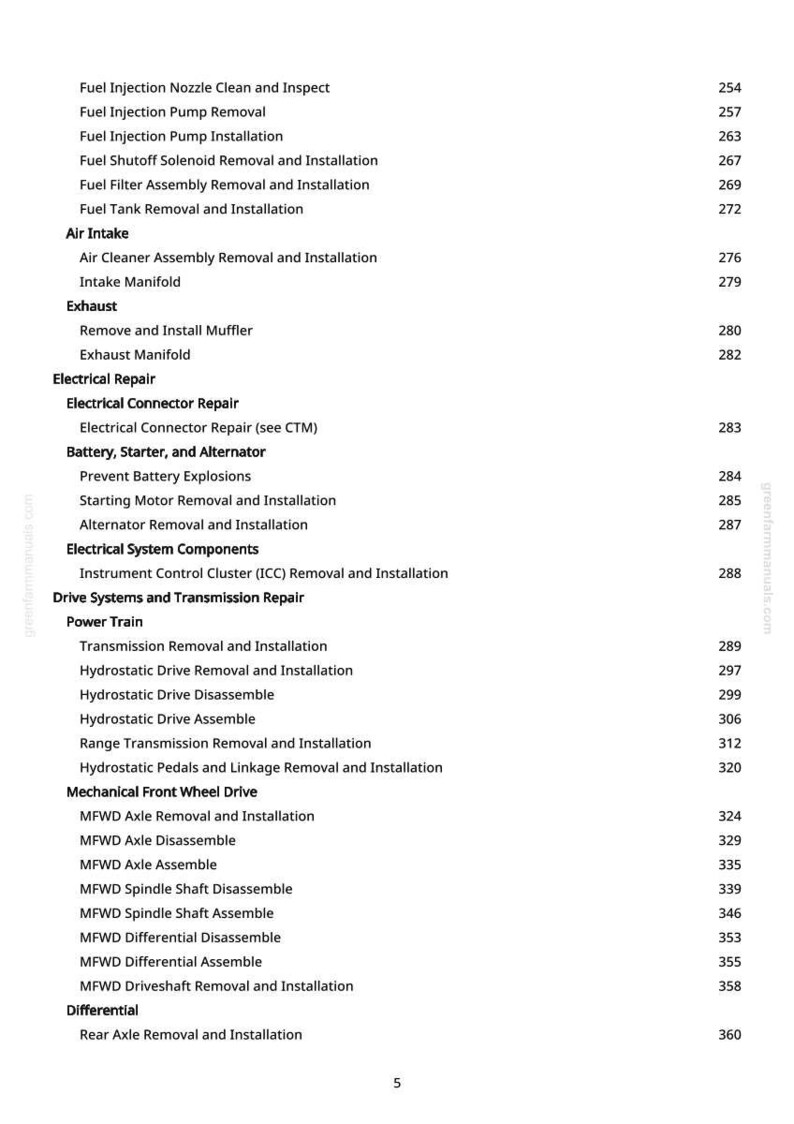 May include: A white page with a table of contents from a manual. The text includes topics like fuel injection, air intake, exhaust, electrical repair, and drive systems. Page numbers are listed on the right.