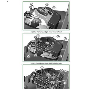 May include: Diagram of a right-hand control console with electrohydraulic hitch control. The image shows the removal and installation steps of the console panel, cover, and base. Includes labels A through L.