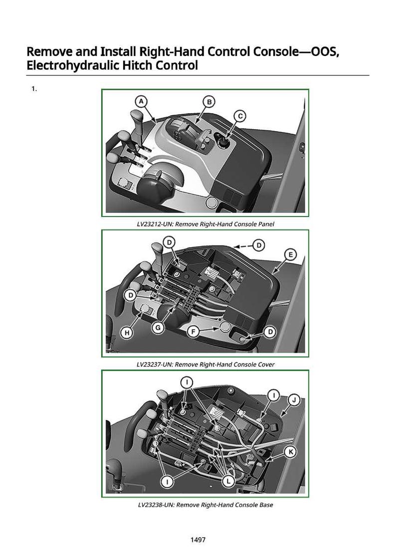 May include: Diagram of a right-hand control console with electrohydraulic hitch control. The image shows the removal and installation steps of the console panel, cover, and base. Includes labels A through L.