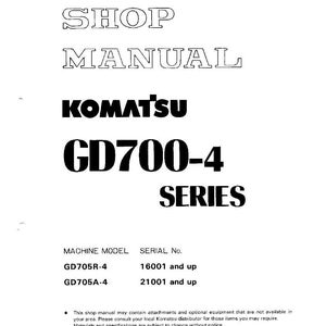 May include: A white shop manual with the text "SHOP MANUAL" and "KOMATSU GD700-4 SERIES". The manual includes machine model and serial number information. The document is printed in Japan.