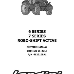 May include: Black and white illustration of a tractor. The image includes the text "6 SERIES, 7 SERIES, ROBO-SHIFT ACTIVE, SERVICE MANUAL, EDITION 01-2017, P/N 6622108A1" and the Landini logo.