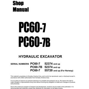 Puede incluir: Una portada de manual de taller blanca con el texto "Shop Manual" en letras negras en negrita. Debajo, se muestra el texto "PC60-7 PC60-7B". El manual es para una excavadora hidr&aacute;ulica, con n&uacute;meros de serie listados.