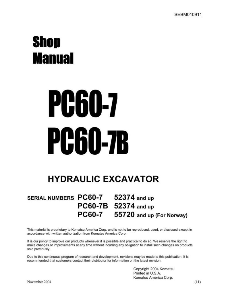 Puede incluir: Una portada de manual de taller blanca con el texto "Shop Manual" en letras negras en negrita. Debajo, se muestra el texto "PC60-7 PC60-7B". El manual es para una excavadora hidr&aacute;ulica, con n&uacute;meros de serie listados.