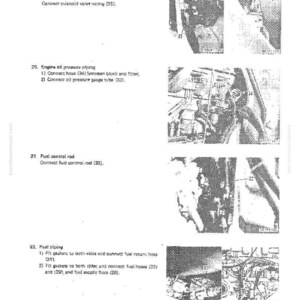 May include: A page from a manual with diagrams and text detailing engine components and connections. Sections include ground connection, solenoid valve wiring, engine oil pressure piping, fuel control rod, and fuel piping. The page is labeled 13-40 and HD205-3.
