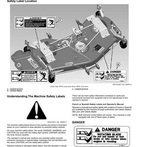 May include: Diagram of a mower deck with safety labels. The labels warn of dangers, including a rotating blade. The text includes "DANGER" and instructions to keep hands and feet away from the mower when the engine is running.