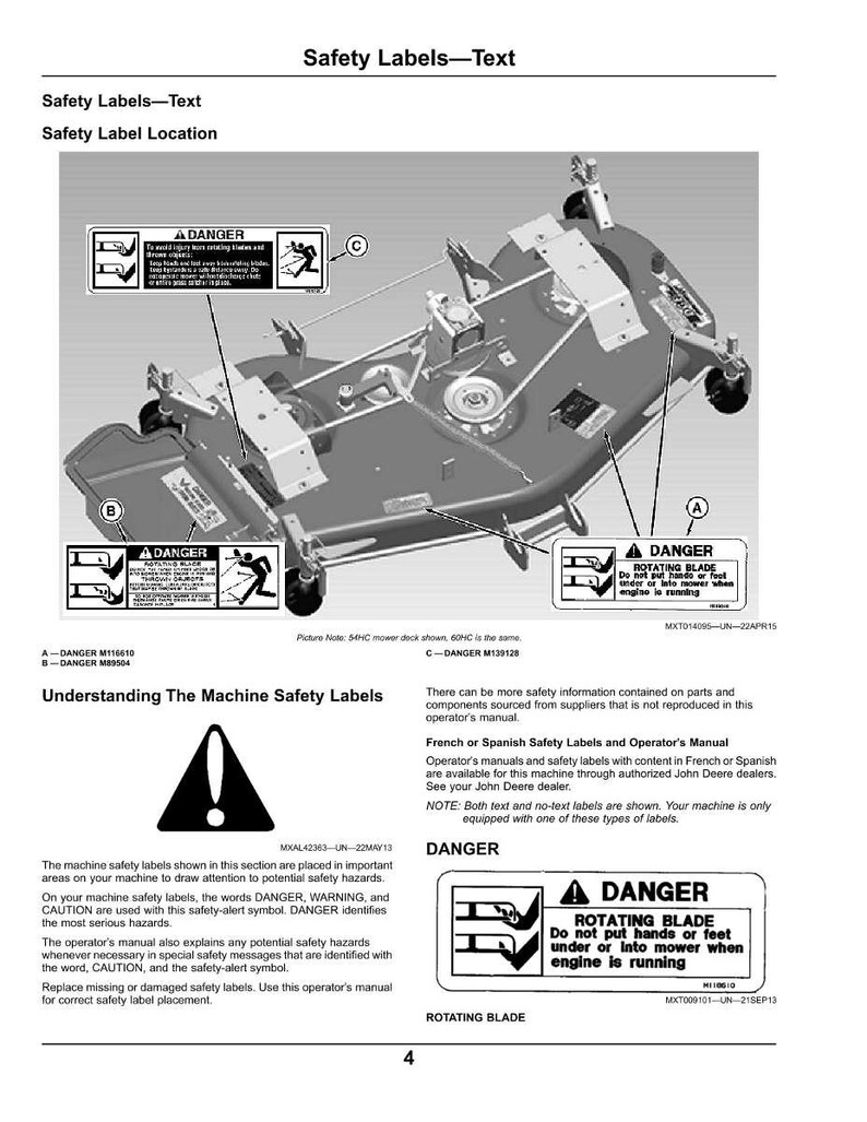 May include: Diagram of a mower deck with safety labels. The labels warn of dangers, including a rotating blade. The text includes "DANGER" and instructions to keep hands and feet away from the mower when the engine is running.