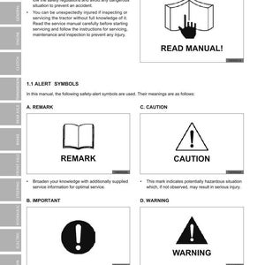 May include: A page from a tractor service manual with safety information and alert symbols. The text includes "READ MANUAL!" and symbols for REMARK, CAUTION, IMPORTANT, and WARNING. The manual is dated September 2008.