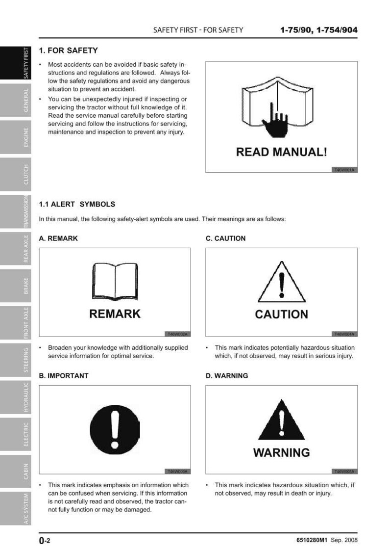 May include: A page from a tractor service manual with safety information and alert symbols. The text includes "READ MANUAL!" and symbols for REMARK, CAUTION, IMPORTANT, and WARNING. The manual is dated September 2008.