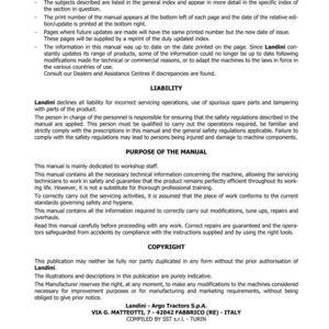 May include: A printed manual page with the title "INTRODUCTION" and text about Landpower tractors by Landini. The page includes sections on liability, purpose, and copyright. The bottom of the page shows the address of Landini - Argo Tractors S.p.A. and the edition date.