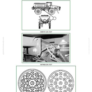 May include: Diagrams illustrating the X107 chassis harness to dry applicator harness interconnect. Includes line drawings of a truck and applicator, a close-up of wiring, and end views of circular connectors with lettered pin designations.