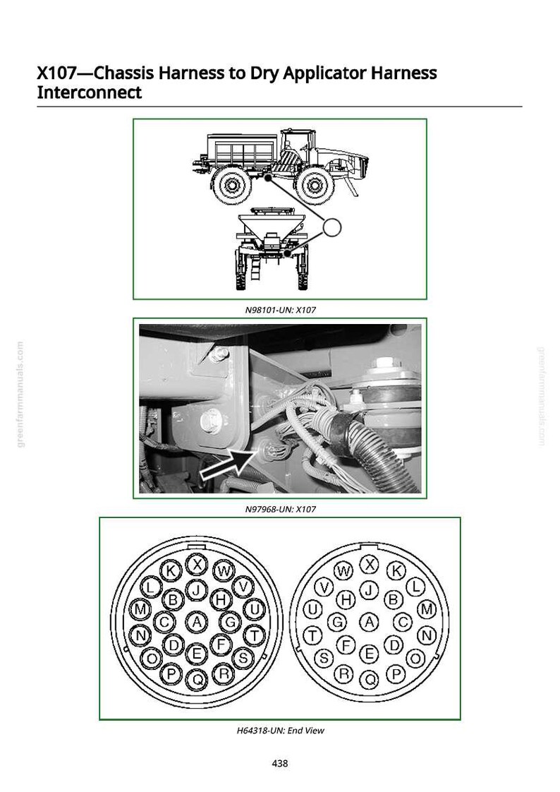 May include: Diagrams illustrating the X107 chassis harness to dry applicator harness interconnect. Includes line drawings of a truck and applicator, a close-up of wiring, and end views of circular connectors with lettered pin designations.