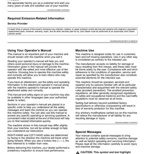 May include: A John Deere product manual page with the title "Introduction". The text provides information on machine use, safety, and emission-related information. The manual is printed on white paper and includes a caution symbol.