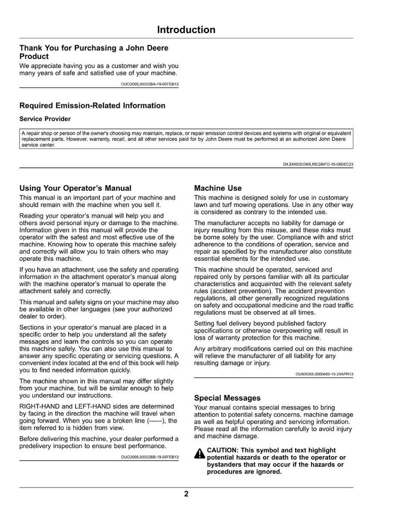 May include: A John Deere product manual page with the title "Introduction". The text provides information on machine use, safety, and emission-related information. The manual is printed on white paper and includes a caution symbol.