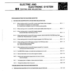 May include: A white page from a manual titled "ELECTRIC AND ELECTRONIC SYSTEM" and "82 TESTING AND ADJUSTING." The page details troubleshooting steps for a machine monitor, with numbered checks and diagnostic instructions.