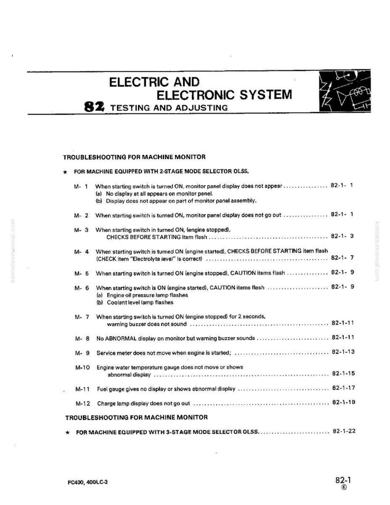 May include: A white page from a manual titled "ELECTRIC AND ELECTRONIC SYSTEM" and "82 TESTING AND ADJUSTING." The page details troubleshooting steps for a machine monitor, with numbered checks and diagnostic instructions.