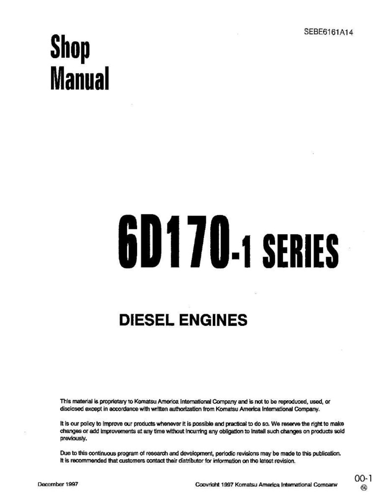 May include: A white shop manual cover with the text "Shop Manual" in bold black letters. Below, the text "6D170-1 SERIES DIESEL ENGINES" is displayed. The cover also includes copyright information and the date December 1997.