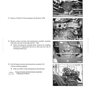 May include: A page from a manual detailing the disassembly and assembly of a power train. The text includes instructions for removing bolts and the torque converter assembly. The image shows close-up photos of the engine components.