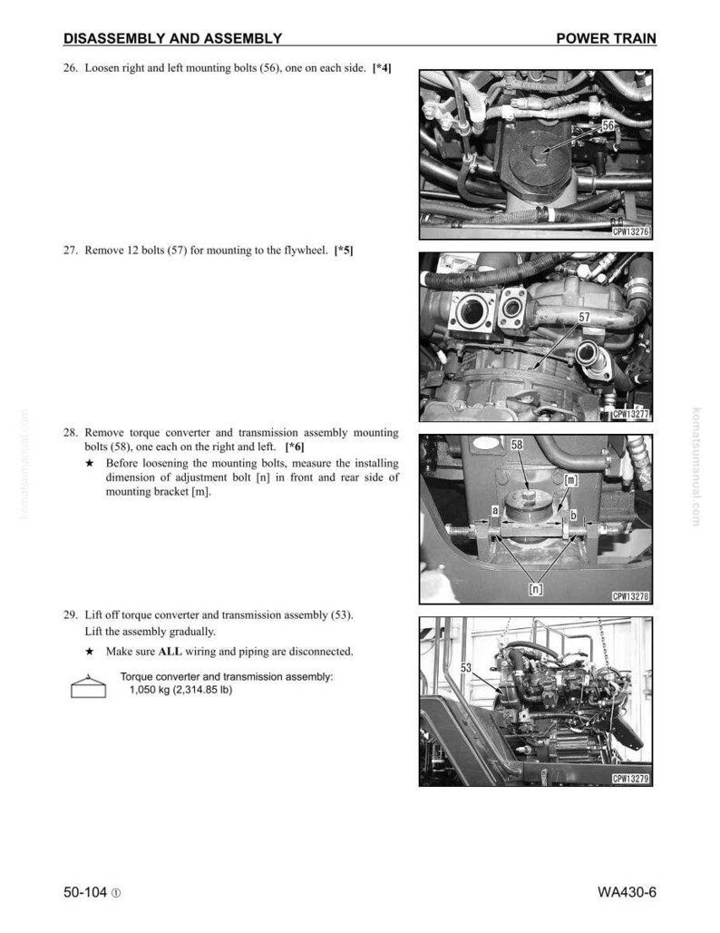 May include: A page from a manual detailing the disassembly and assembly of a power train. The text includes instructions for removing bolts and the torque converter assembly. The image shows close-up photos of the engine components.