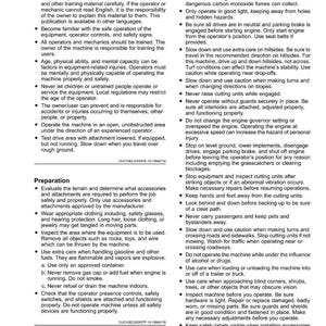 May include: A page from a manual with safety instructions. The text includes warnings about operating machinery, including training, safety gear, and avoiding hazards. The page has the word "Safety" at the top.