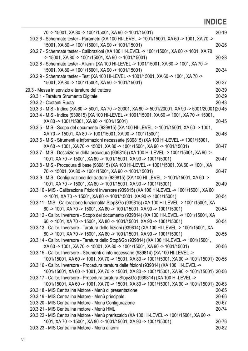 May include: A page from a manual with an index titled "INDICE". The text is in Italian and lists various topics related to tractor maintenance and calibration, with page numbers on the right.