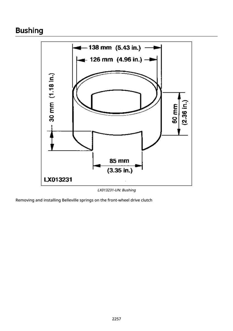 Op de afbeelding: Diagram van een bus met afmetingen in millimeters en inches. De bus is cilindrisch met een rechthoekige uitsparing. Afmetingen zijn onder meer 138 mm (5,43 inch) en 126 mm (4,96 inch) breed, 30 mm (1,18 inch) hoog en 60 mm (2,36 inch) hoog.