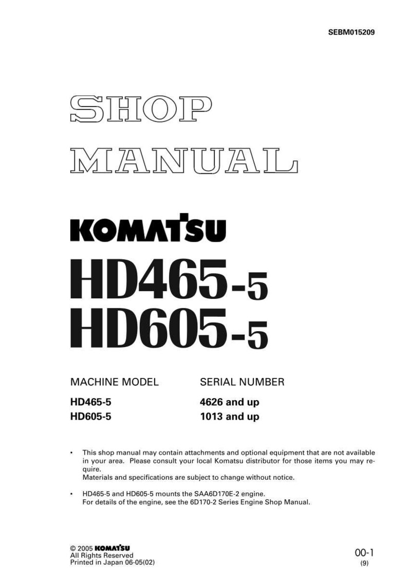 Puede incluir: Manual de taller blanco con el texto "SHOP MANUAL" y "KOMATSU HD465-5 HD605-5". Incluye informaci&oacute;n sobre el modelo de m&aacute;quina y el n&uacute;mero de serie. Copyright 2005 KOMATSU.