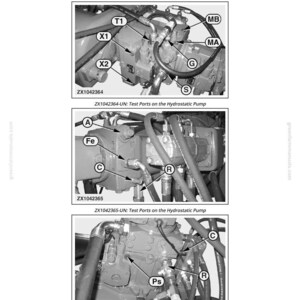 May include: Diagram of a hydrostatic pump with labeled valves and test ports. The image includes close-ups of the pump with labels such as T1, X1, X2, MB, MA, G, S, A, Fe, C, R, and Ps. Text at the top reads "Reference 251-10-018, Valves and Test Ports on the Hydrostatic Pump."
