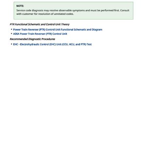 May include: A white document detailing "Power Train Reverser (PTR) Control Unit Problems." It features a note on service code diagnosis and lists diagnostic procedures, including EHC unit tests.