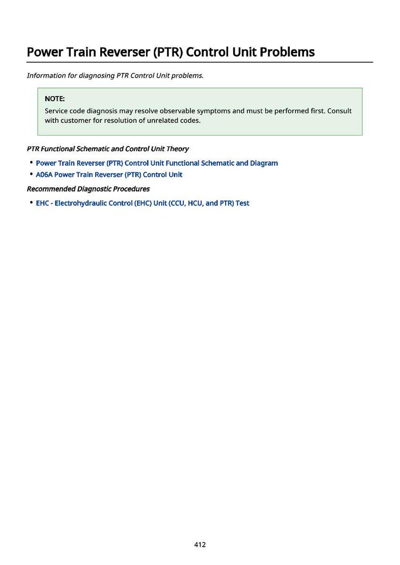 May include: A white document detailing "Power Train Reverser (PTR) Control Unit Problems." It features a note on service code diagnosis and lists diagnostic procedures, including EHC unit tests.