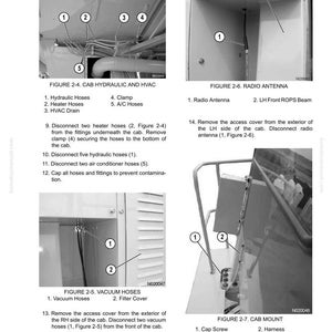 May include: Diagrams and instructions for an operator cab, including hydraulic hoses, radio antenna, vacuum hoses, and cab mount components. The image includes labels and numbered diagrams for various parts and procedures.