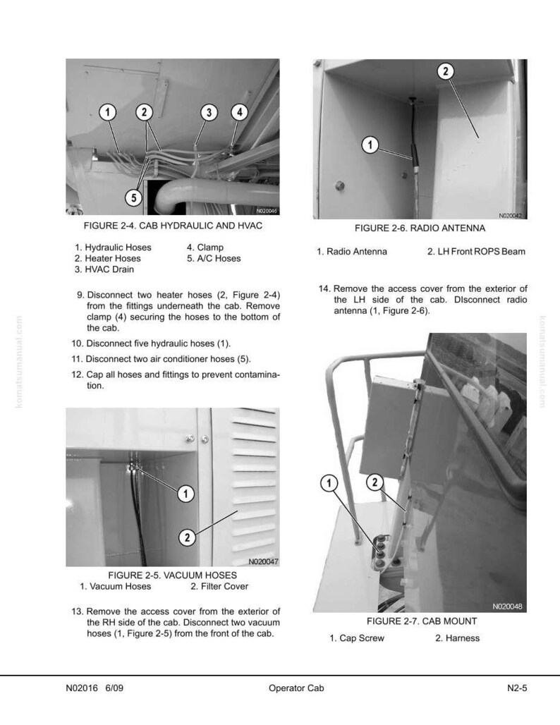 May include: Diagrams and instructions for an operator cab, including hydraulic hoses, radio antenna, vacuum hoses, and cab mount components. The image includes labels and numbered diagrams for various parts and procedures.