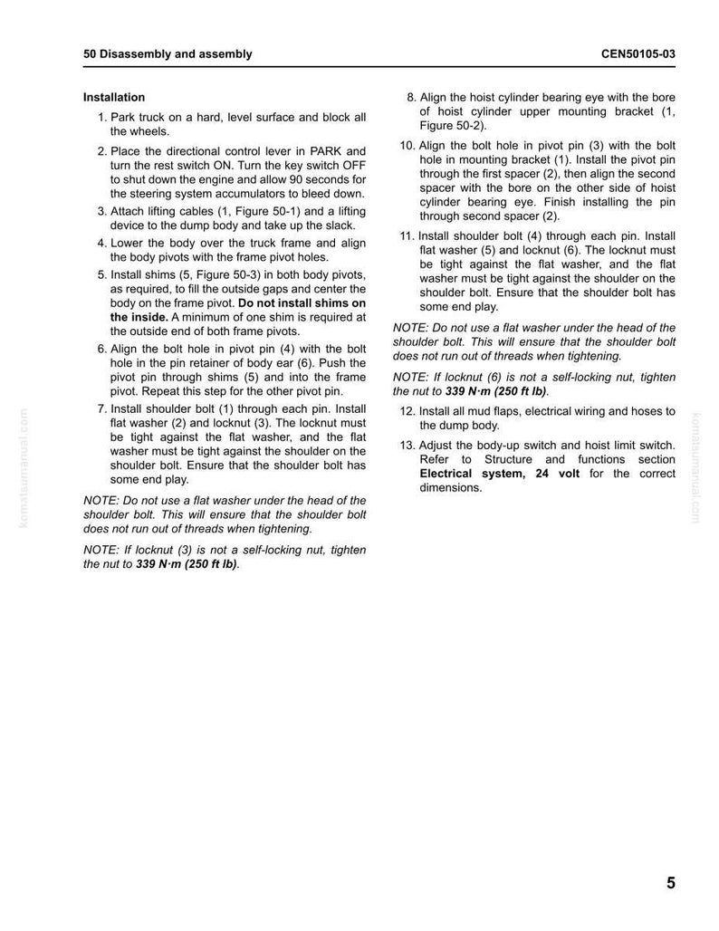 May include: A page from a manual detailing the disassembly and assembly of a vehicle component. The text includes instructions for installation, aligning parts, and securing bolts. The document is labeled with the title "50 Disassembly and assembly" and a model number.