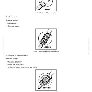 May include: Diagrams illustrating oil level issues, including low oil, milky/contaminated oil, and discolored/overheated oil. Each diagram features a dipstick with MAX and MIN indicators, and the text "LX001317", "LX001318", and "LX001319".