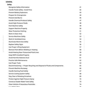 May include: A printed document page titled "Table of Contents." The text lists safety topics including handling fluids, preventing explosions, and avoiding hazards. The document is a manual with a green and white colour scheme.