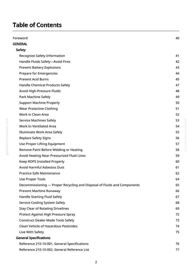 May include: A printed document page titled "Table of Contents." The text lists safety topics including handling fluids, preventing explosions, and avoiding hazards. The document is a manual with a green and white colour scheme.