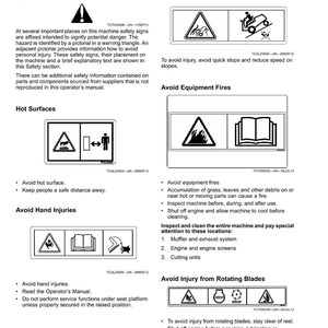 Puede incluir: Una p&aacute;gina de etiquetas de seguridad sin texto, con s&iacute;mbolos de advertencia e instrucciones. Las etiquetas cubren temas como superficies calientes, lesiones en las manos y cuchillas giratorias, con ilustraciones y consejos de seguridad.