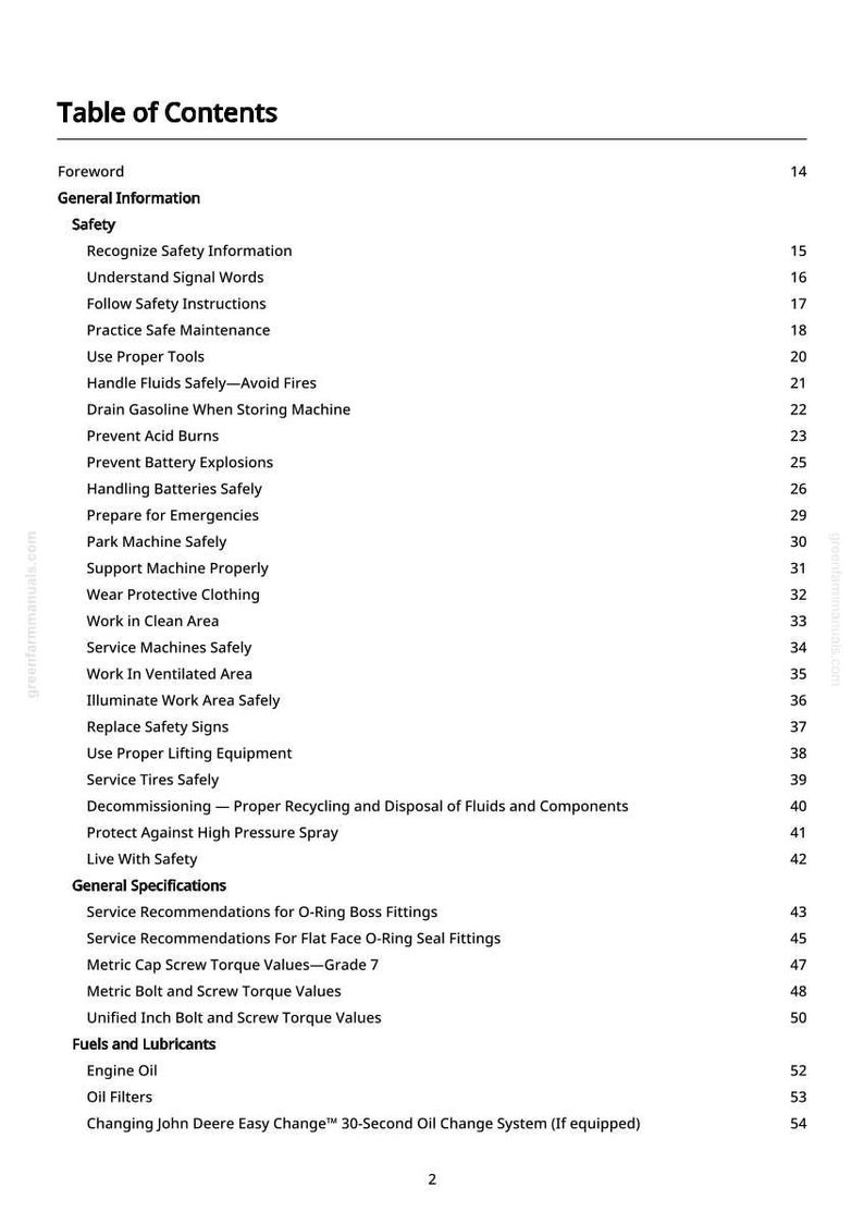 May include: A page from a manual titled "Table of Contents." The document lists safety information, general specifications, and topics related to fuels and lubricants. The text is black on a white background.