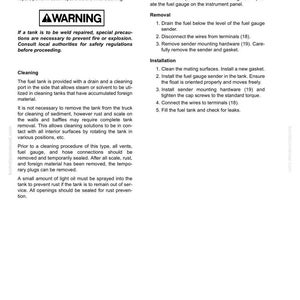 Pu&ograve; includere: Una pagina di un manuale di riparazione del serbatoio del carburante con testo e diagrammi. Le sezioni includono istruzioni di riparazione, un avvertimento, procedure di pulizia e informazioni sul trasmettitore del misuratore del carburante. Il manuale fornisce passaggi dettagliati.