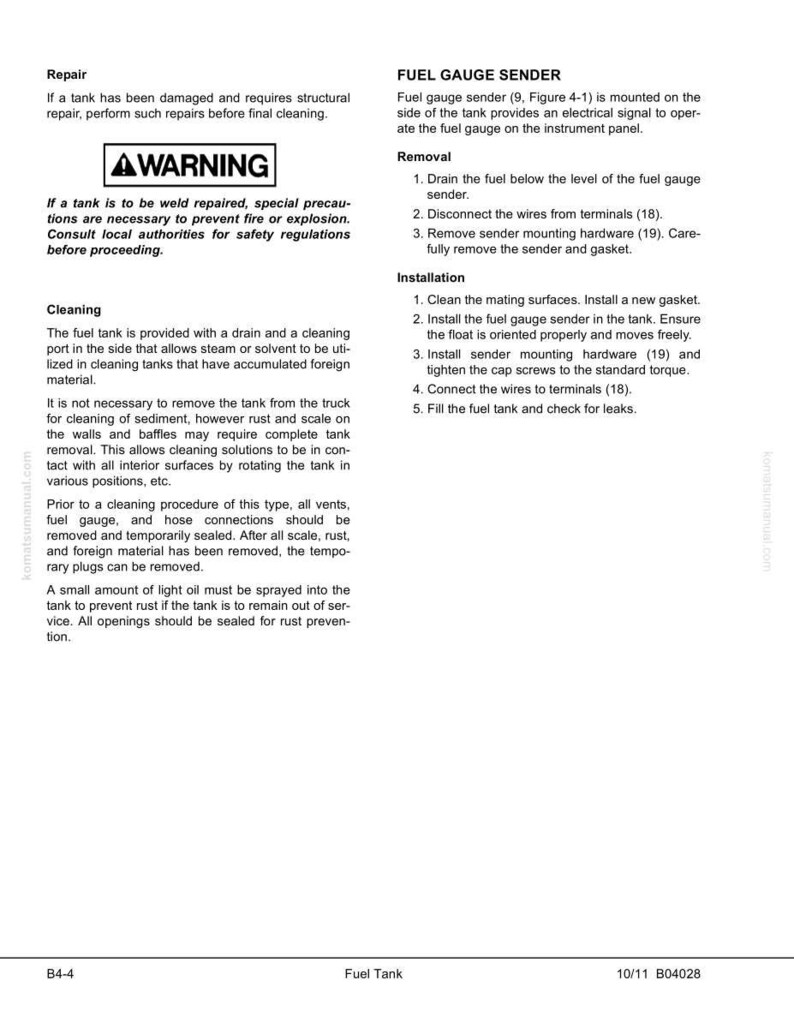 Pu&ograve; includere: Una pagina di un manuale di riparazione del serbatoio del carburante con testo e diagrammi. Le sezioni includono istruzioni di riparazione, un avvertimento, procedure di pulizia e informazioni sul trasmettitore del misuratore del carburante. Il manuale fornisce passaggi dettagliati.