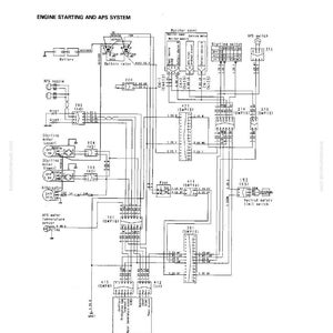 May include: An electrical circuit diagram for the E Mode System, detailing the Engine Starting and APS System. The diagram shows components such as the battery, alternator, and switches, with labels and connection lines. The document is labelled "Troubleshooting".