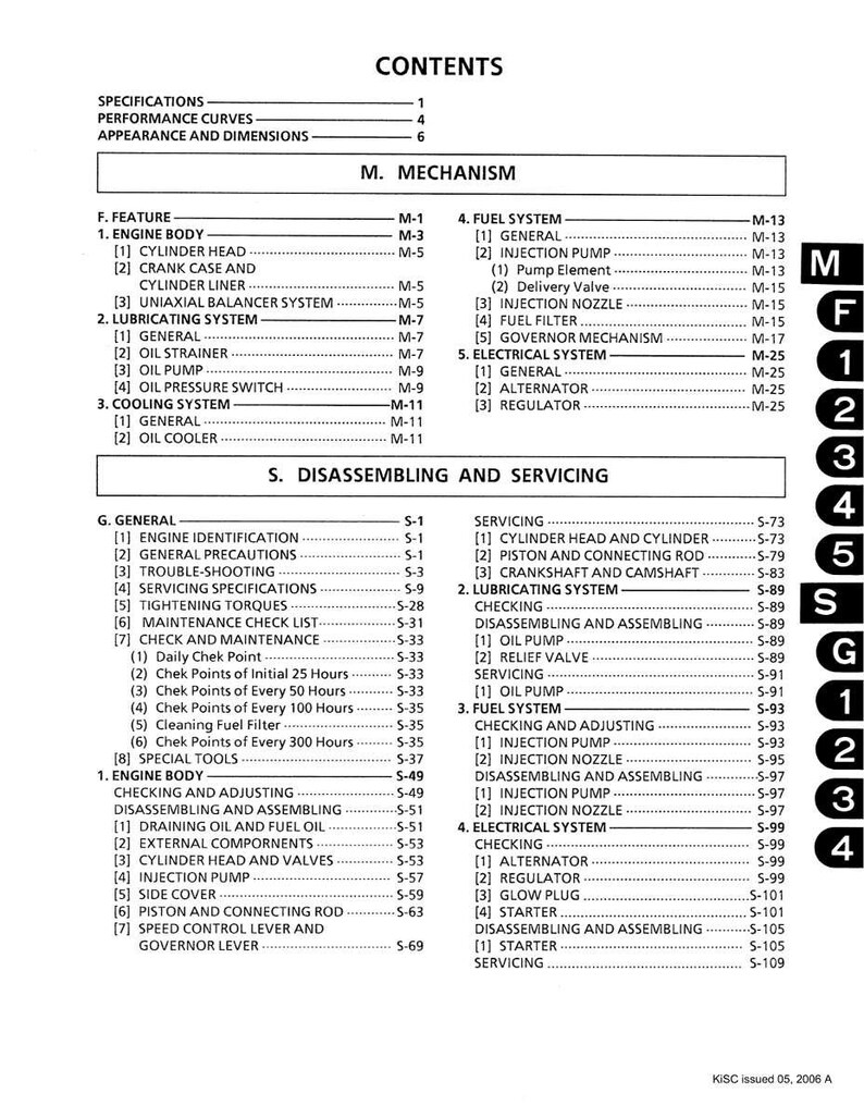 May include: A black and white contents page from a manual, listing specifications, performance curves, and dimensions. The table of contents includes sections on the engine body, fuel system, and electrical system.
