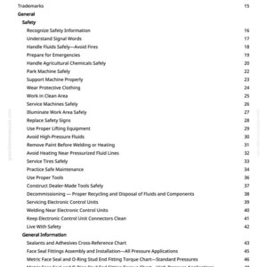 May include: A printed table of contents from a manual, with headings such as "Safety" and "General Information." The text includes topics like "Handle Fluids Safely" and "Service Machines Safely."