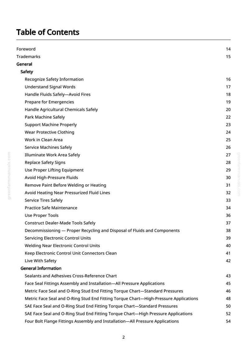 May include: A printed table of contents from a manual, with headings such as "Safety" and "General Information." The text includes topics like "Handle Fluids Safely" and "Service Machines Safely."