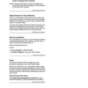 May include: A page from a John Deere manual titled "Introduction." The text covers attachments, service literature, and parts information. Includes a phone number for the U.S. & Canada and a website address for online parts.